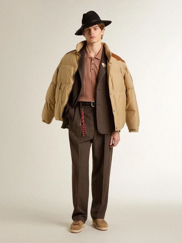 Beige bomber jacket with leather and patch details