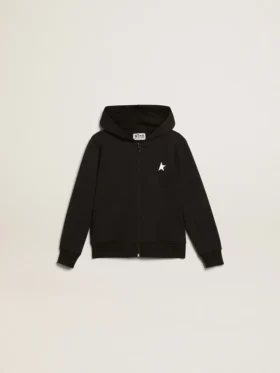 Black hooded sweatshirt with contrasting white star and logo