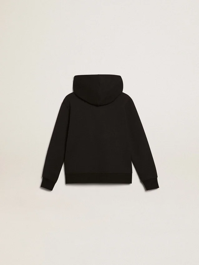 Black hooded sweatshirt with contrasting white star and logo