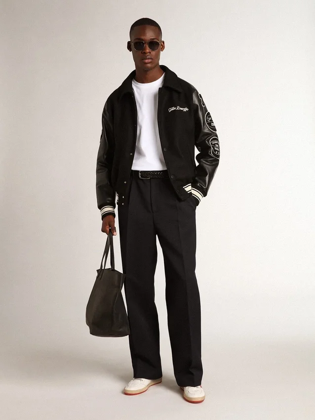 Black wool bomber jacket with patch