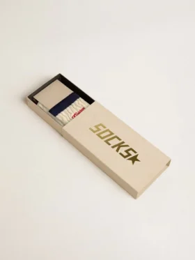 Cream ribbed socks with navy blue details and red logo