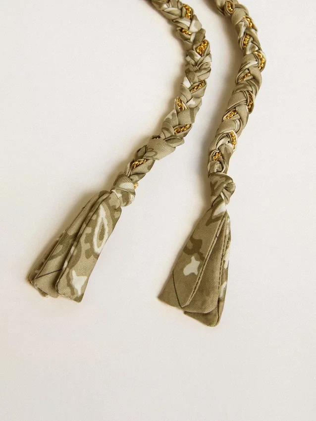 Dove-gray braided fabric charm with brass chain