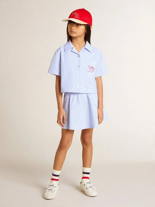 Girls' cropped shirt in striped light blue cotton