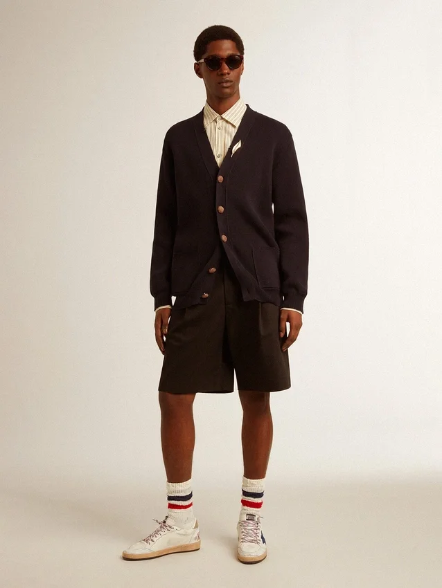 Golden Collection cardigan in dark blue cotton with a distressed finish