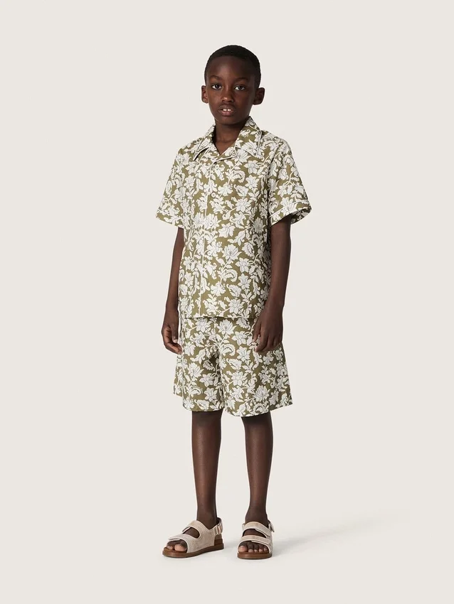 Journey boys’ cotton canvas shorts with green and white floral print