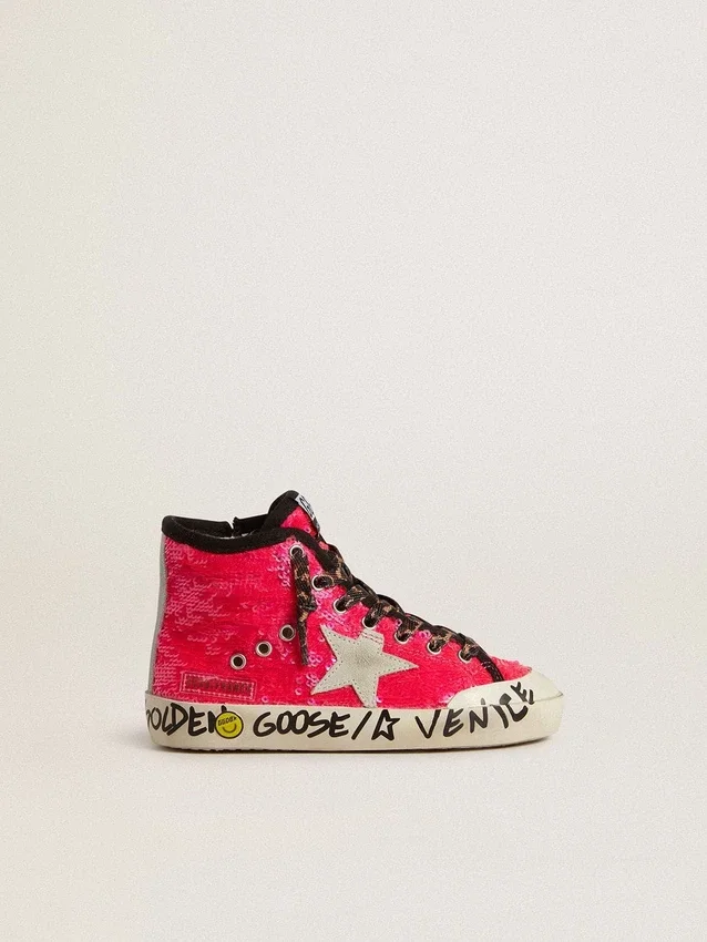 Junior Francy in sequins with ice-gray suede star and animal-print laces