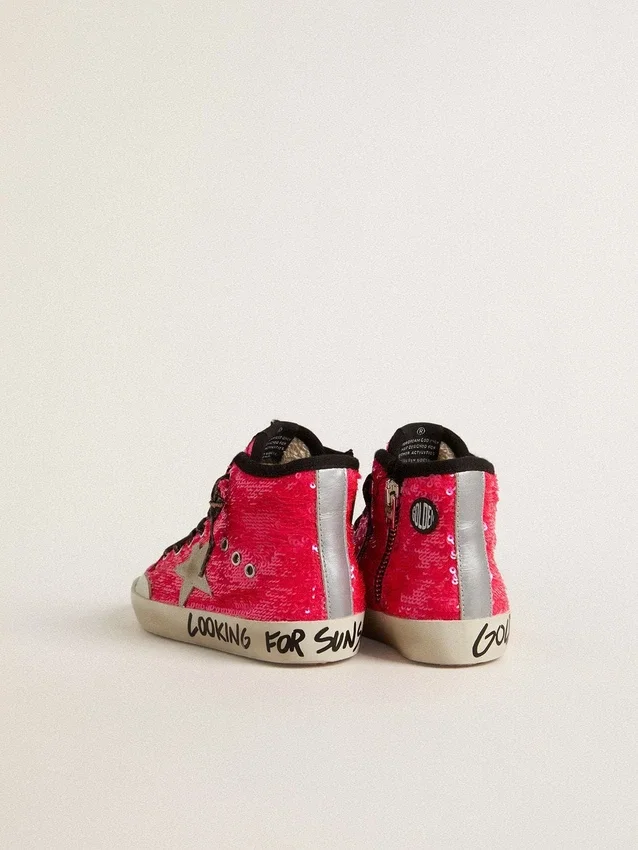 Junior Francy in sequins with ice-gray suede star and animal-print laces