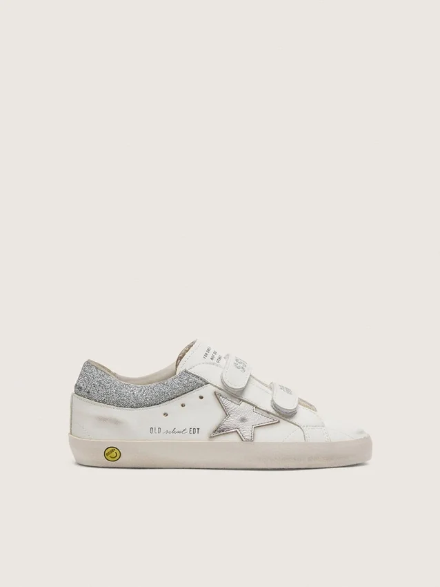 Young Old School in white leather with metallic silver leather star and silver crystal inserts