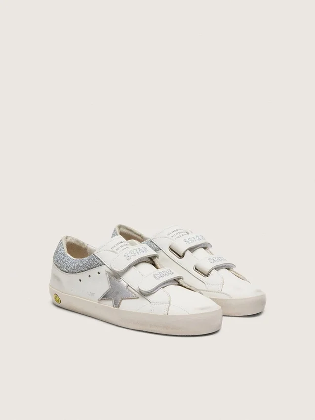 Young Old School in white leather with metallic silver leather star and silver crystal inserts