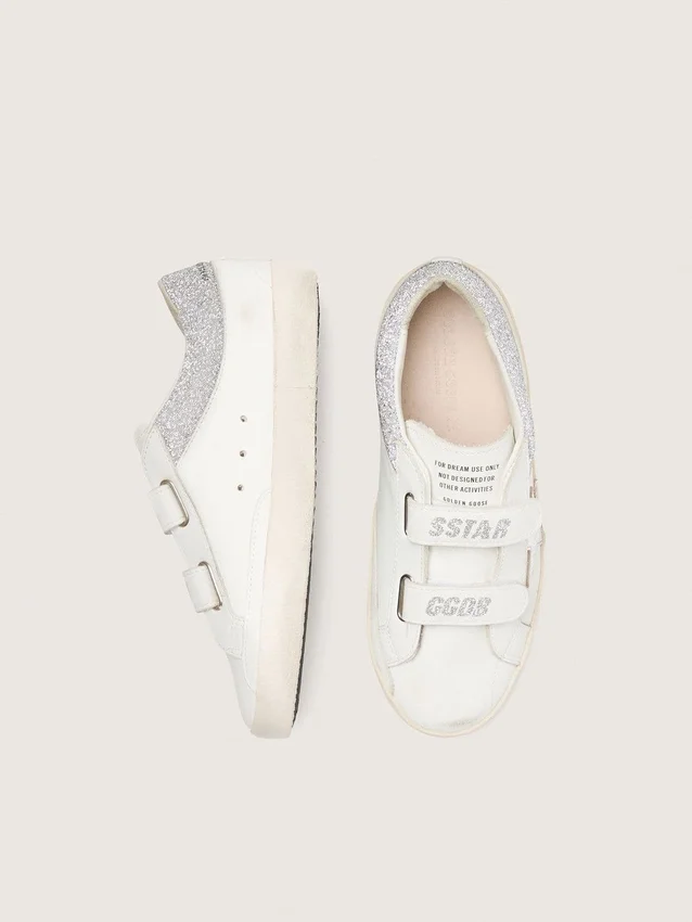 Young Old School in white leather with metallic silver leather star and silver crystal inserts