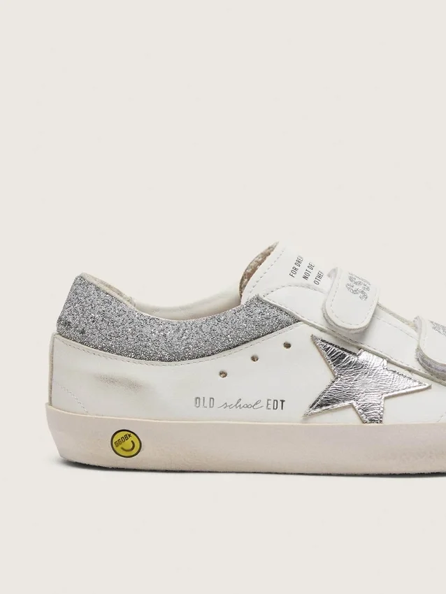 Young Old School in white leather with metallic silver leather star and silver crystal inserts