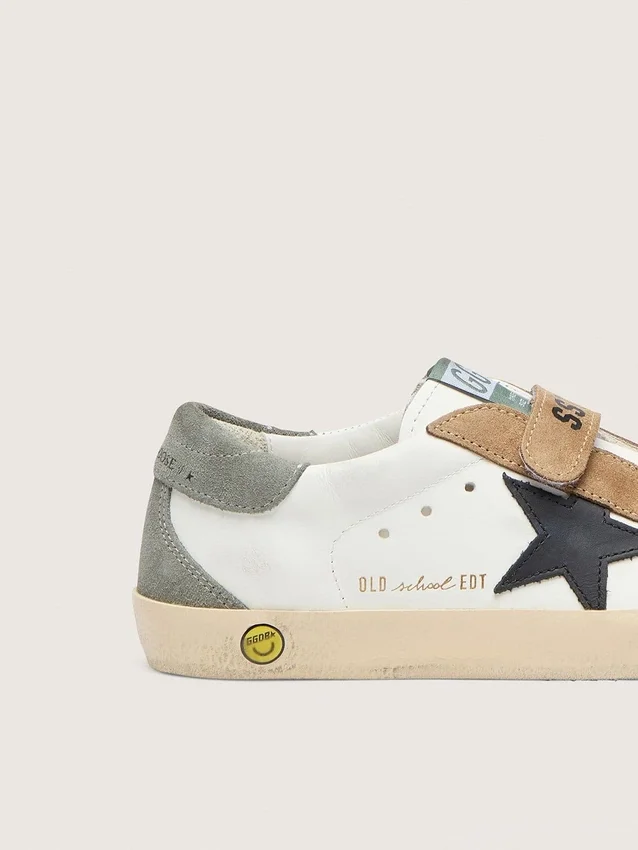 Junior Old School with black leather star and beige and green suede inserts