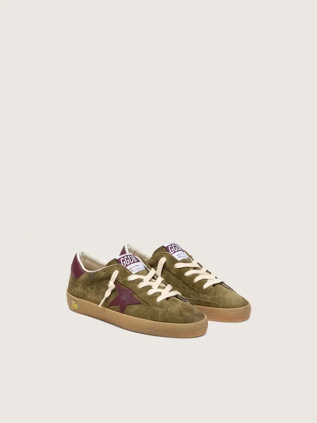 Junior Super-Star in military-green suede with burgundy leather star and heel tab