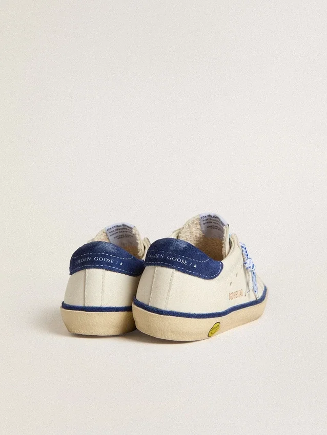 Junior Super-Star in white leather with blue suede heel tab