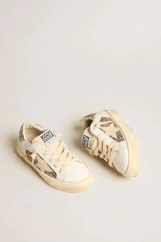 May Teen in white leather and rose gold glitter with beige suede star