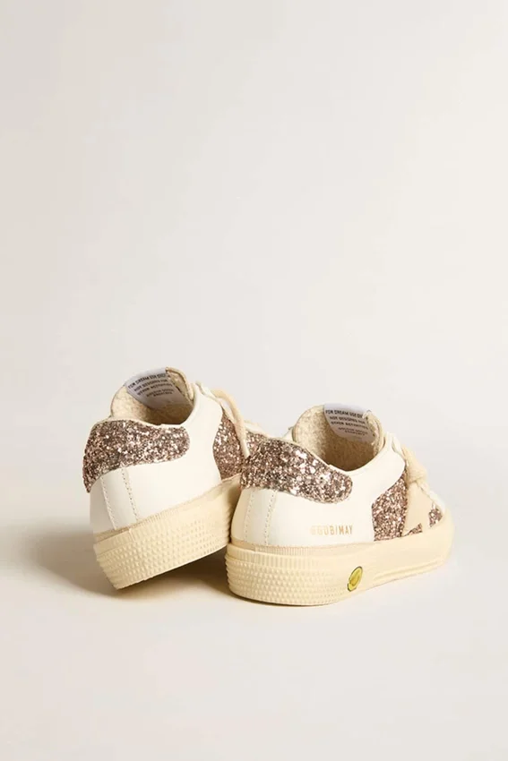 May Teen in white leather and rose gold glitter with beige suede star