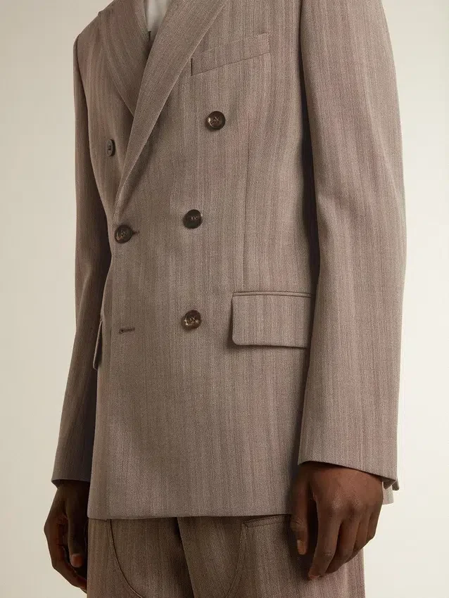 Men's beige chevron wool blend double-breasted blazer