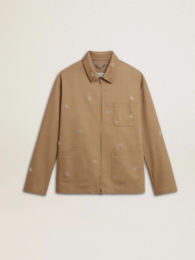 Men's beige jacket with floral embroidery and full zip
