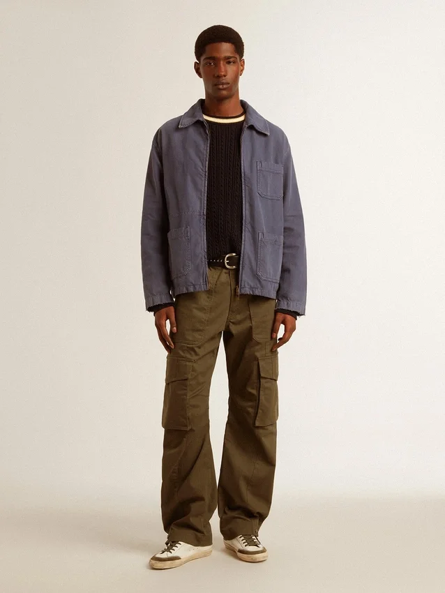 Men's blue jacket in denim cotton with distressed treatment