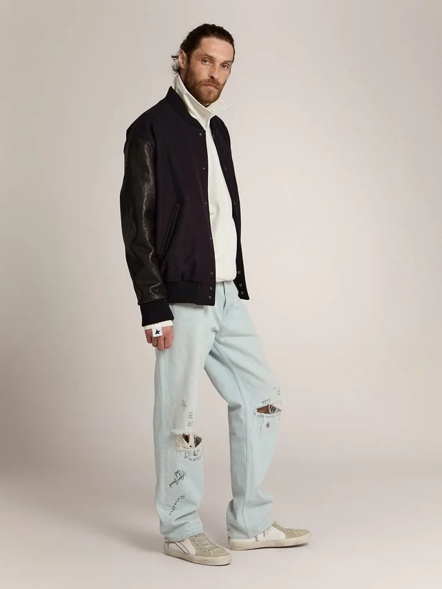 Men's bomber jacket in dark blue wool with leather sleeves