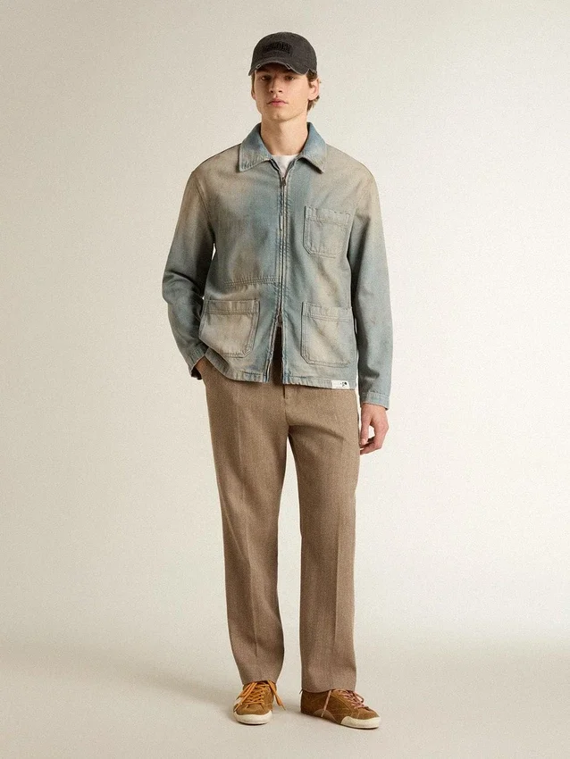 Men's distressed-effect denim jacket with zip