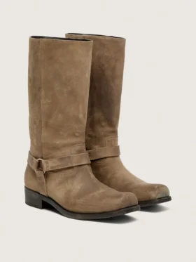 Men’s high Biker boots in dark beige waxed suede with strap and a silver-colored buckle