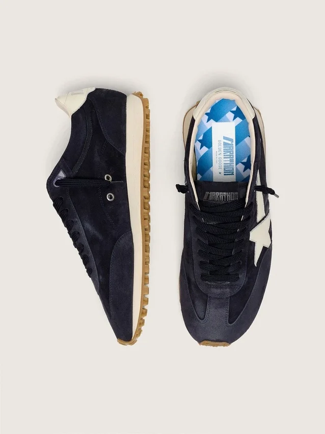 Women’s Marathon in blue navy suede with leather star and heel tab