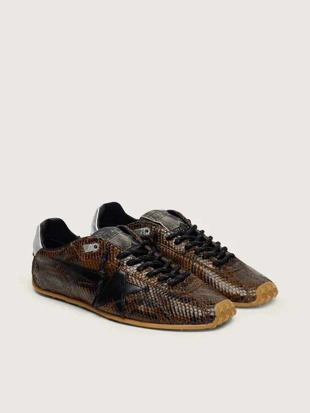 Men's Marathon Speed in leather with brown snake print, black star and silver leather heel tab