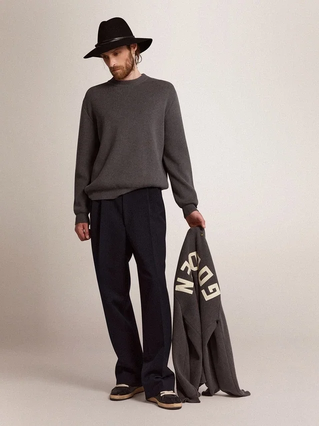 Men's round-neck sweater in dark gray cotton with logo on the back