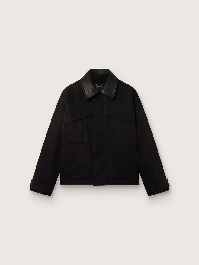 Men's short padded jacket in black cotton with leather collar