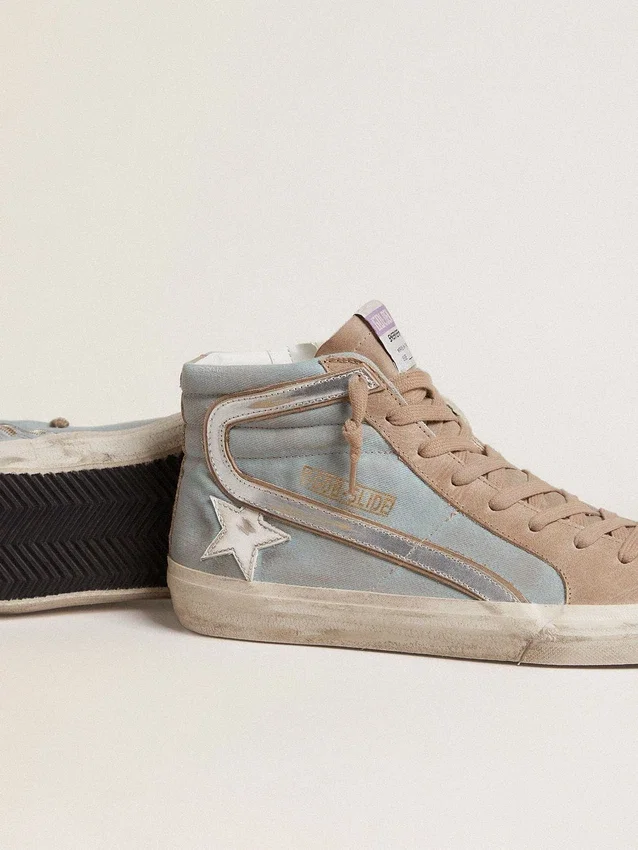 Men's Slide in light blue canvas with silver metallic leather flash