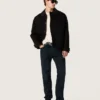 Men's short padded jacket in black cotton with leather collar