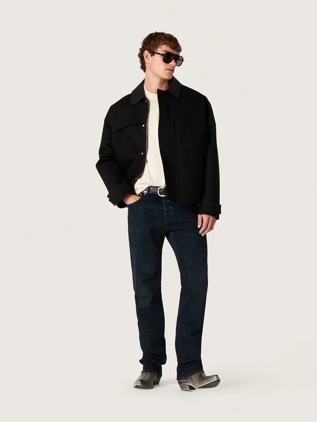 Men's short padded jacket in black cotton with leather collar