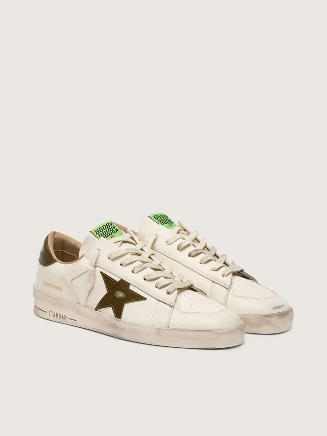 Men's Stardan in white leather with military-green snake-print leather star and heel tab