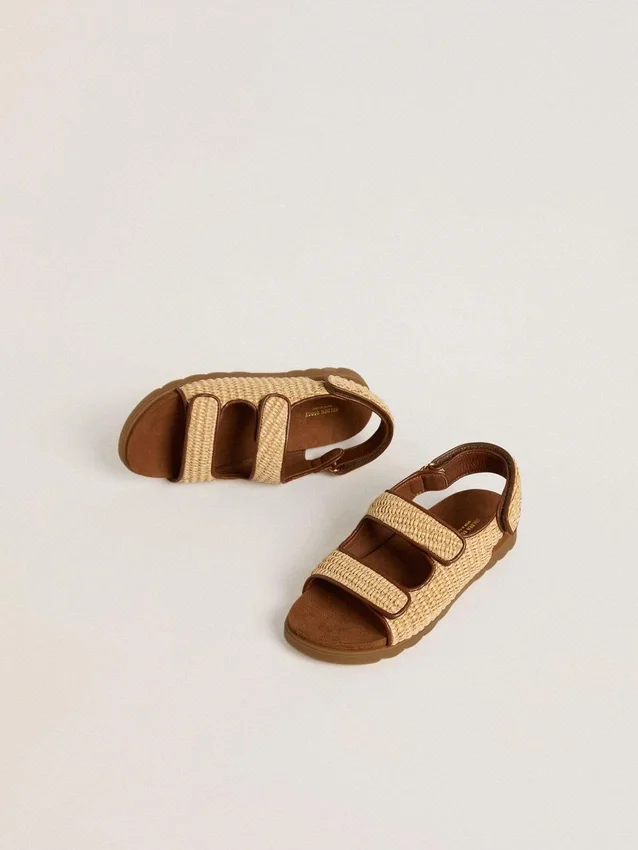 Noa Young sandals in beige raffia and brown leather