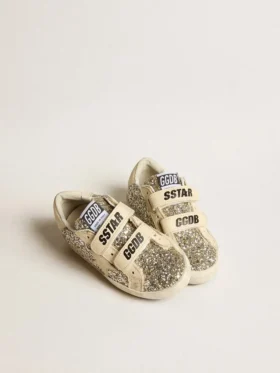 Old School Young in platinum glitter with leather star and heel tab