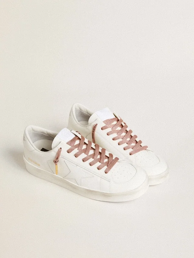 Salmon pink Lurex laces with contrasting black logo