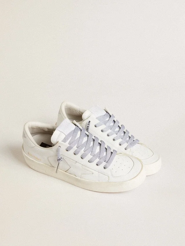 Silver-colored Lurex laces with contrasting black logo