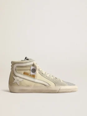 Slide in ivory nylon with white leather star and Swaroski tongue