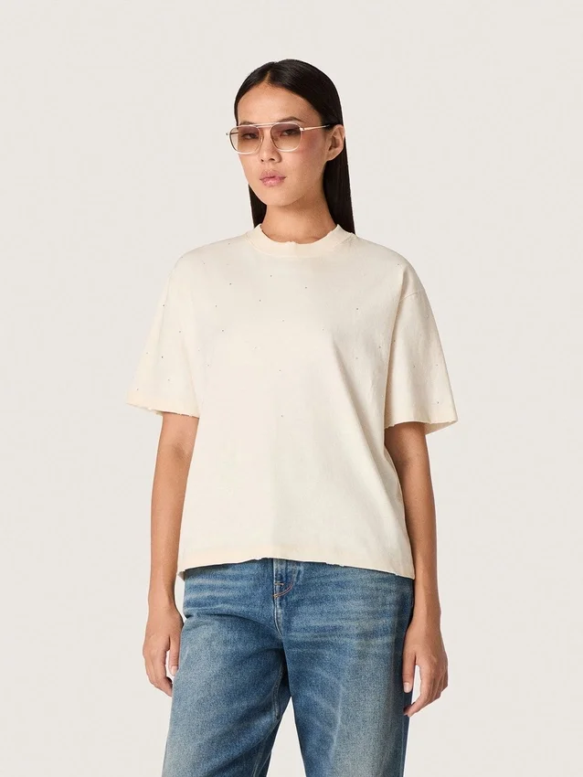 Star unisex T-shirt in white cotton with all-over gradient crystals and print on the back