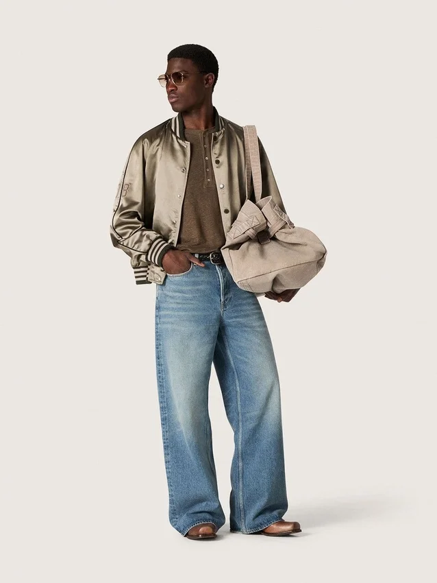 Unisex bomber jacket in green satin with ribbed hems and collar