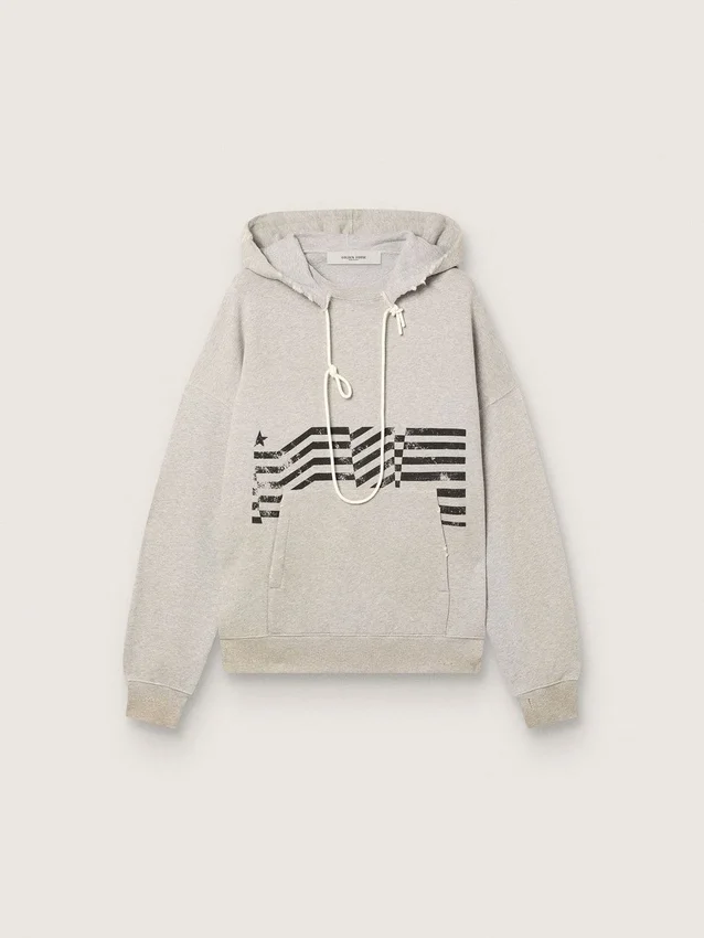 Unisex hooded sweatshirt in gray cotton with vintage flag print