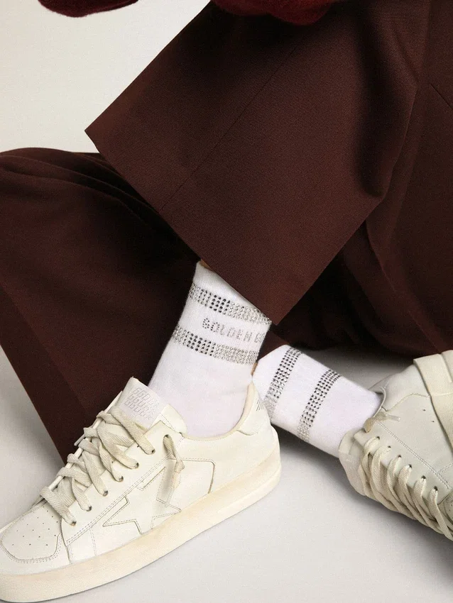 Unisex socks in white cotton with decorative crystals