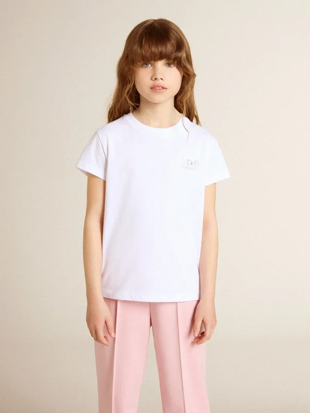 White and silver T-shirt with logo and maxi star in silver glitter