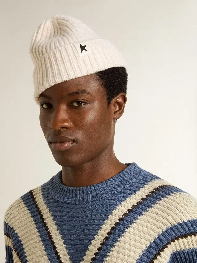 White wool beanie with black star