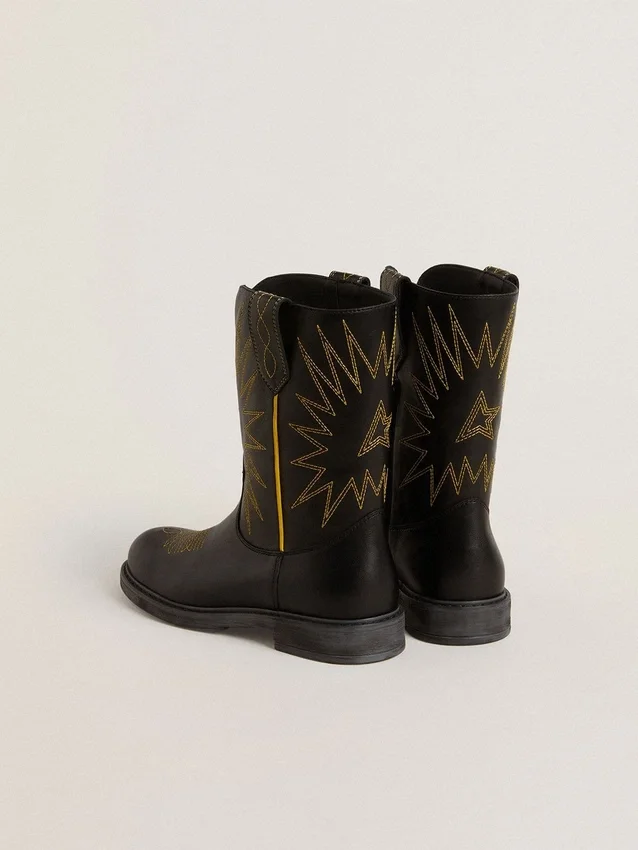 Wish Junior boots in black leather with yellow star embroidery