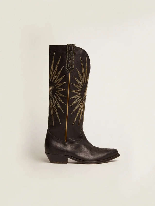 Wish Star boots in black leather with platinum laminated leather inlay star