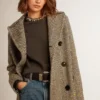 Women's long herringbone coat with yellow details