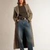 Women's long herringbone coat with yellow details