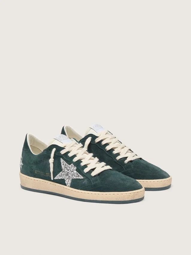 Women's Ball Star in green suede with silver glitter star